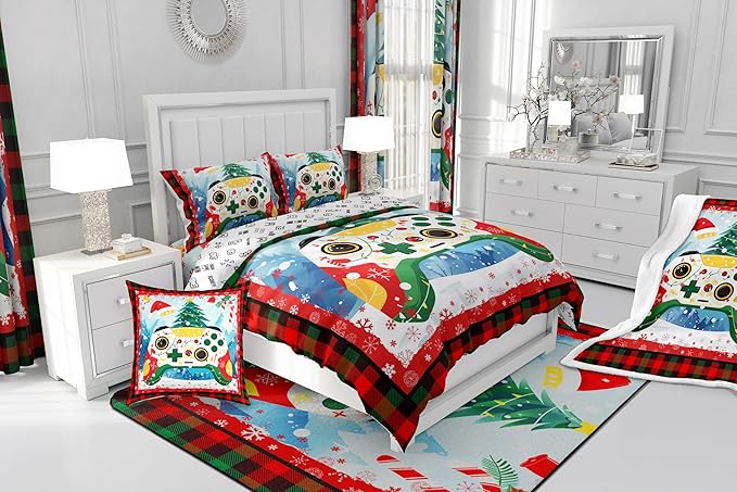 Gamer Gaming Bedding Set Full Size,Christmas Tree Snowflake Comforter Set for Kids Boys Girls Room Decor,Video Games Christmas Theme Duvet Insert 3Pcs,Red Green Plaid Xmas Quilt Set,2 Pillowcases