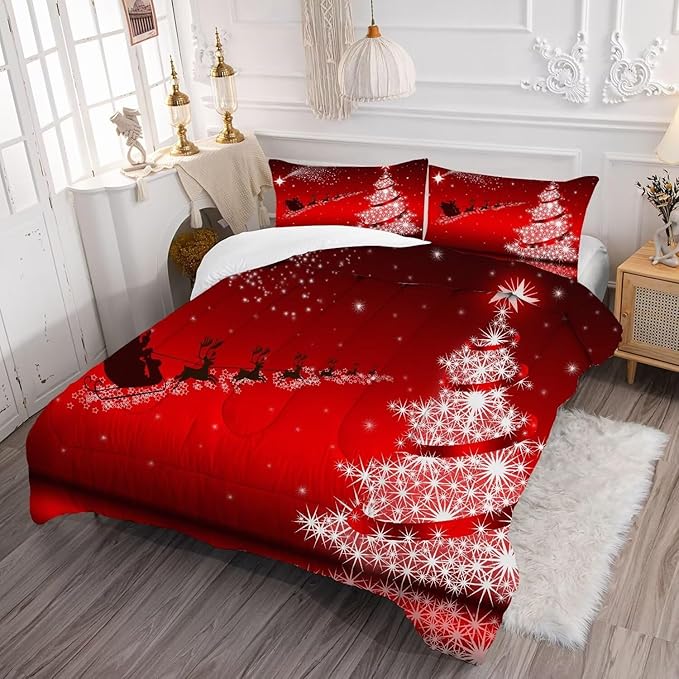 kxry Merry Christmas Comforter Set Santa Claus Deer Christmas Tree Galaxy Red Bedding Quilt Queen Size for Girls Boys Kids 1 Comforter + 2 Pillow Cases