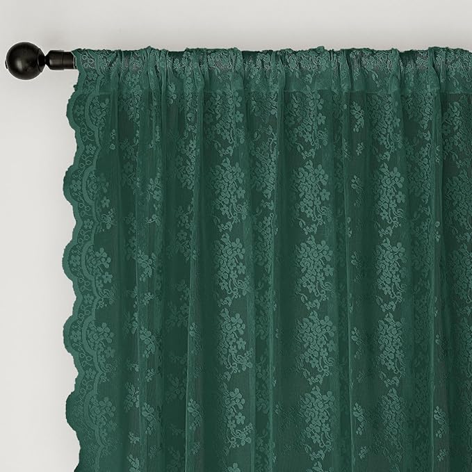 Anmao Vintage Lace Curtains 96 Inches Long 2 Panels, Romantic Semi Sheer Floral Lacy Curtain for Living Room, Elegant Window Drapes for Bedroom, Each Panel 55W x 96L, Turquoise