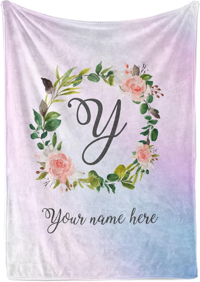 Personalized Girls Throw Blanket with Custom Name | Plush Warm Fleece for Bedding or Decorative Room Decor | Cute Kids Bed Covers | Boho Monogram Flowers (Sherpa, 50x60)