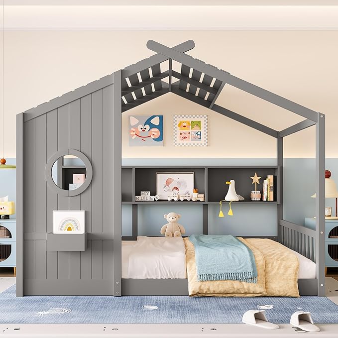 Full Size House Bed with Storage Shelves for Kids,Kids Montessori Floor Bed, Cute Wood House Bed Frame Full with Roof for Girls,Boys,Can be Decorated,Gray