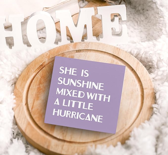 SRADMO She Is Sunshine Mixed with a Little Hurricane Boho Purple Wood Box Sign Desk Decor, Baby Girls Inspirational Wooden Box Decor for Girls Room Nursery Playroom Shelf Table Decorative Accessories