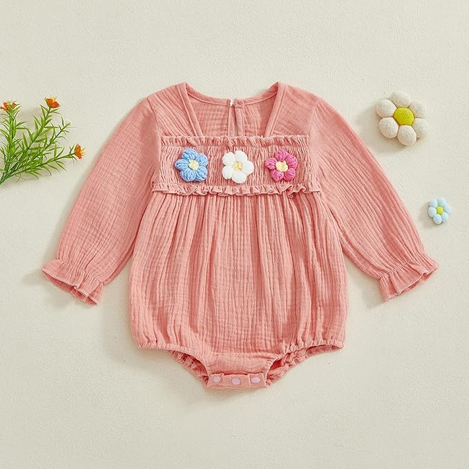 Gaono Newborn Baby Girl Smocked Bubble Romper Cute Boho Summer Clothes Ruffle Sleeveless Crochet Flower Vintage Bodysuit