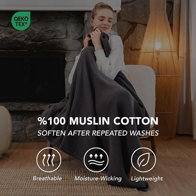 Goqan Throw Blanket 55x60 – 100% Cotton 4 Layer Boho Muslin Blanket for Adults, Lightweight, Soft, Breathable for Bed, Couch - Dark Grey