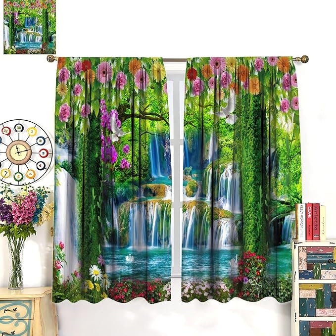 Jungle Nature Blackout Window Curtains, Trees Scenic Waterfall and River Spring Pattern Print Window Drapes, for Living Room Bedroom 72x63in 2 Panels