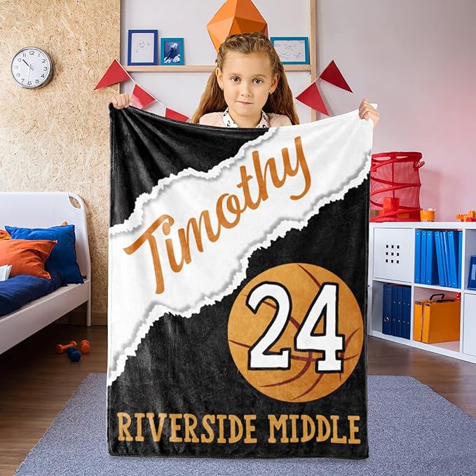 Custom Kids Soft Blanket: Personalized Gift for Basketball Football Soccer Softball Lovers Name and Number - Flannel Toddler Bed Blankets (40X50inch)