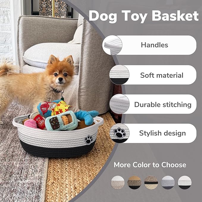 Dog Basket Gift Basket Empty, Woven Storage Baskets for Towels, Cute Dog Storage Bins with Handles, Small Cotton Rope Baskets for Shelf, 12 x 8 x 5 inches