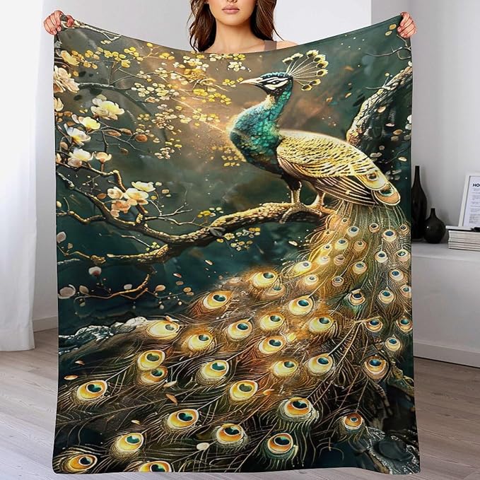 Peacock Blanket Gold Peacock Gifts for Girls Boys Woman Kids Lover Throw Blankets Soft Blanket Warm Fleece Flannel Plush Blankets for Bed Sofa Couch 60"x80"