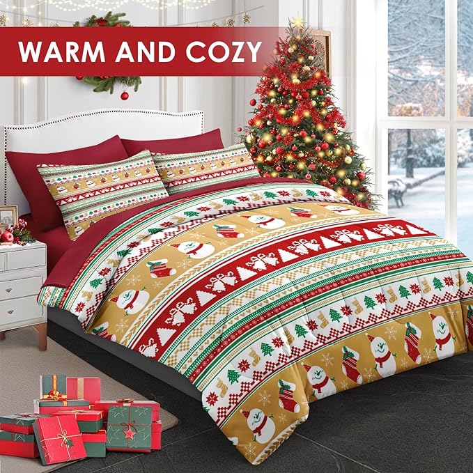 5 Pcs Twin Size Christmas Comforter Set with Pillowcase & Sham, Cute Snowman Bedding for Kids and Adults, Snowflake Xmas Socks Bed in a Bag with Flat Fitted Sheet