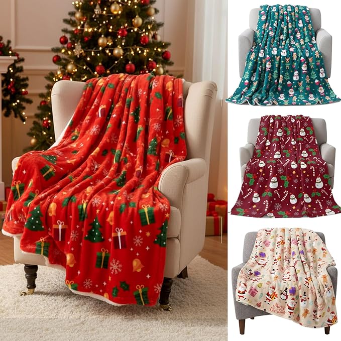 Buryeah 4 Pack Christmas Throw Blankets Bulk Snowman, Gifts, Santa, Gingerbread Man, Xmas Tree Soft Cozy Christmas Plush Flannel Blanket for Sofa, Bed, Couch, Home Decor Xmas Supplies, 40 x 50 Inches