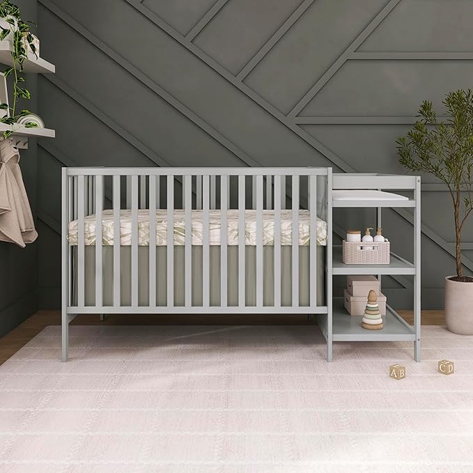 Dream On Me Synergy 3-in-1 Convertible Full-Size Baby Crib & Changer, Pebble Grey, Open Storage, GreenGuard Gold & JPMA, Pinewood, Convert to Day & Toddler Bed, 4 Mattress Heights, 1″ Changing Pad,