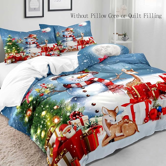 LUVIVIHOME 3PCS Cute Snowman Duvet Cover Queen Bedding, Christmas Bedding, Santa Claus Deer Cardinal Christmas Tree Winter Holiday New Year Xmas Gifts Christmas Comforter Quilt Cover, 2 Pillow Shams