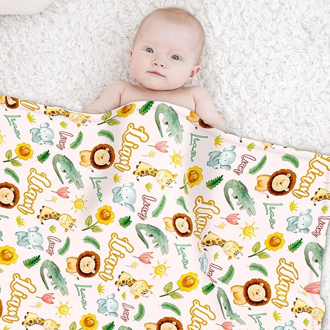 Custom Safari Animals Blanket Gift, Personalized Baby Blanket with Name, Soft Plush Flannel/Sherpa Fleece Throw Blankets for Toddler Kid Teen Boys Girls Color07