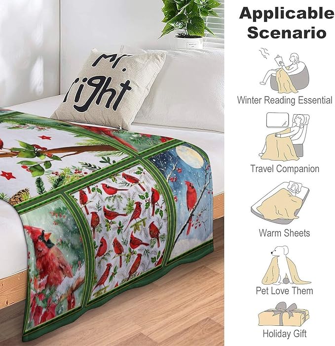 Cardinal Throw Blanket Red Birds Blankets Gifts for Couch Sofa Bed Stuff Decor Lightweight Cozy Fleece Plush Warm Flannel Bedding for Lover Men Women Adults 50"x60"