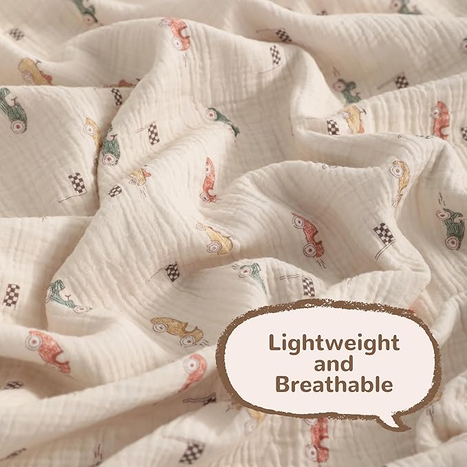 NTBAY 4 Layer Muslin Cotton Toddler Blanket, 42x60 Soft and Breathable Receiving for Newborns and Infants, Perfect for Crib, Stroller, Travel, Lightweight Nursery Blanket, Retro Race Car