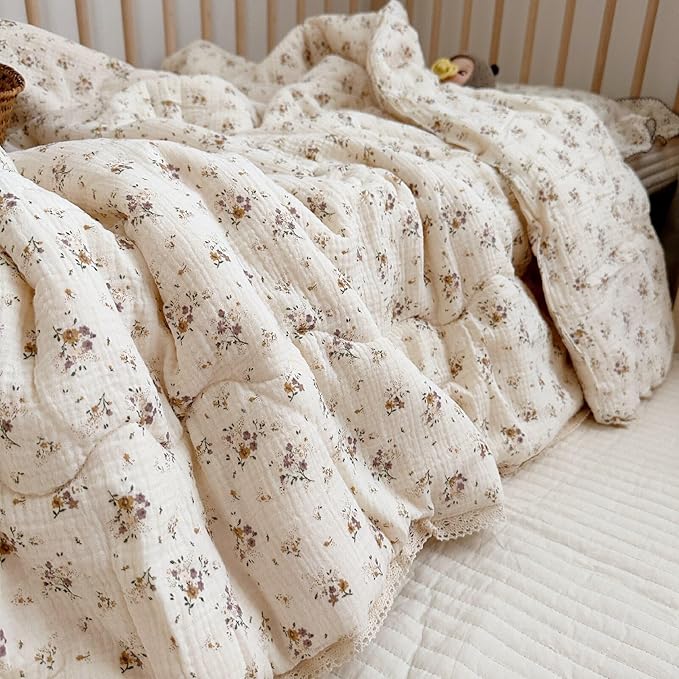 BuLuTu Muslin Baby Quilt for Girls Boys Quilted Blanket 2 Layers Gauze Cotton Baby Blanket Nursery Bed Blanket Shower Gift for Toddler Newborn, Crapemyrtle Pattern, 47"x59"