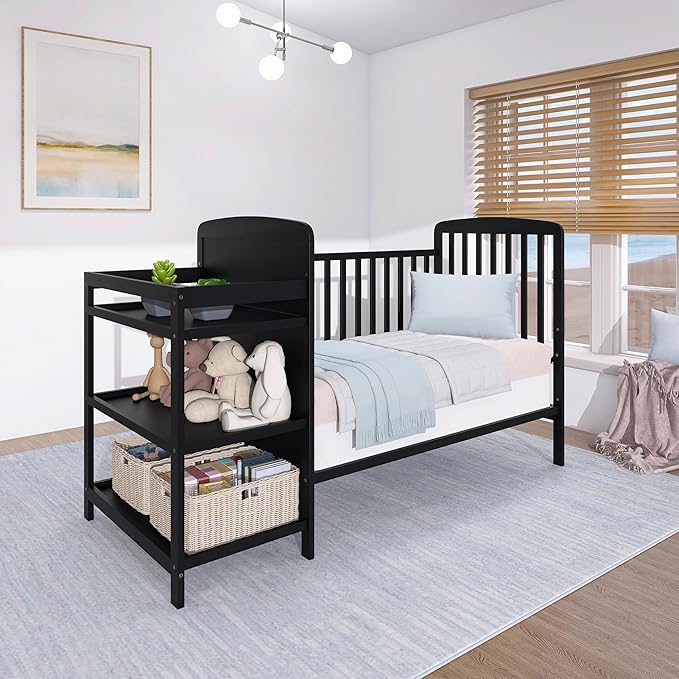 Dream On Me Anna 3-in-1 Convertible Full-Size Baby Crib & Changer with Storage in Black, GreenGuard Gold & JPMA, Pinewood, Converts to Day & Toddler Bed, 3 Mattress Heights, 1″ Changing Pad