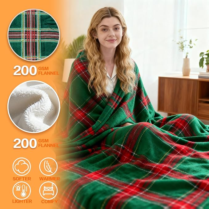 Electric Blanket Heated Twin, Soft Flannel 62"x84" Plaid Heating Blanket with 8 Hours Auto Off 10 Fast Heating Levels Machine Washable Sherpa Heated Blanket with Overheating Protection
