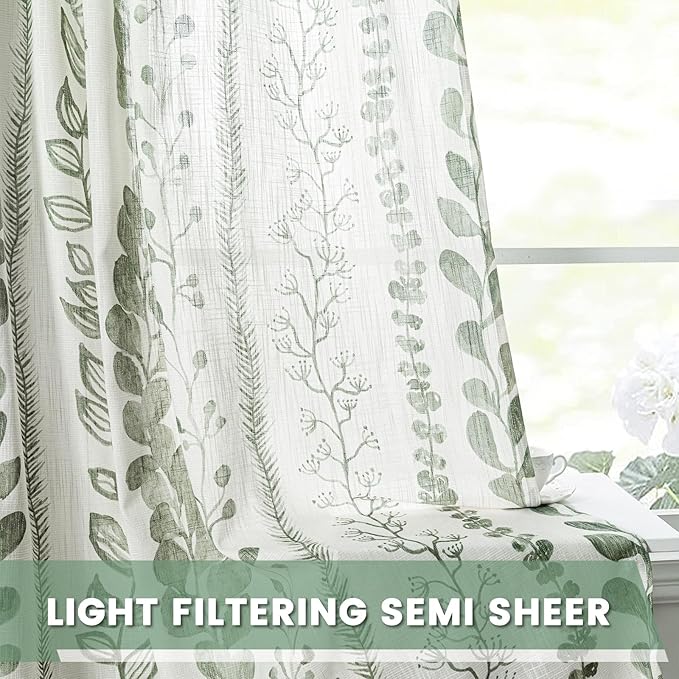 MEETSKY Sage Green Curtains 63 Inches Long Boho Curtains for Living Room Bedroom Semi-Sheer Linen Style Back Tab Drapes Light Filtering Leaf Printed Window Curtain, 50” Wide Each Panel, 2 Panels