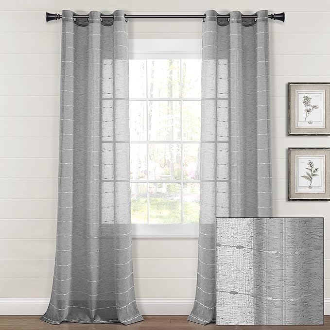 Lush Decor Farmhouse Textured Grommet Sheer Window Curtain Panel Pair, 38"W x 108"L, Dark Gray