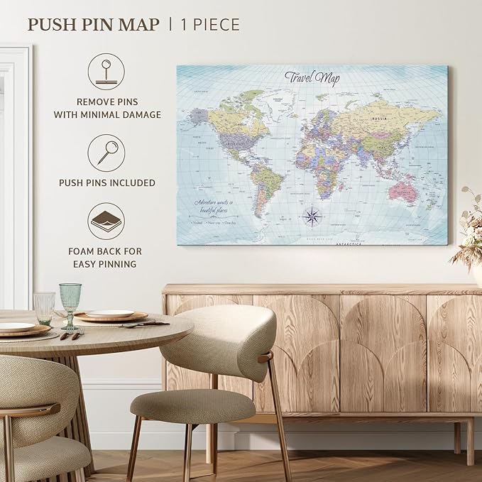 ElephantStock - Push Pin Travel Map World I Wall Art - Horizontal Canvas Wall Art - Living Room Wall Decor - Printmaking Map Canvas Art - Blue And Beige Decor - 39" x 26"