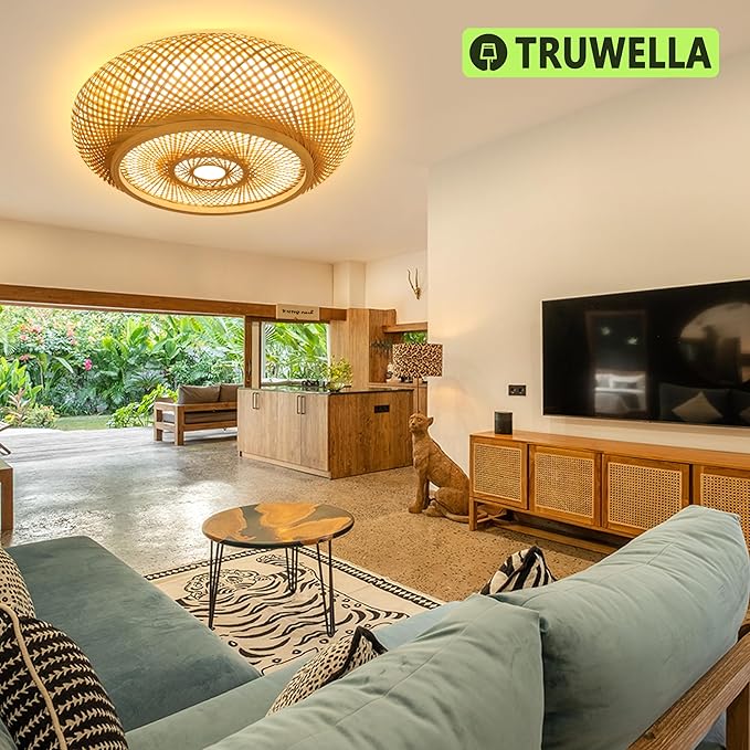 15.7 in Bamboo Woven Rattan-Style Ceiling Light, Boho Ceiling Light Fixture with Remote, LED Dimmable Ceiling Light, Boho Light Fixture for Bedroom Living Room Dining Room Light