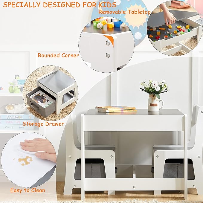 Kids Table and Chair Set, 3 in 1 Wooden Activity Table with Storage Drawer for Toddlers Drawing, Reading, Crafts, 2 in 1 Detachable Tabletop Table Set for Nursery, Playroom (Gray)