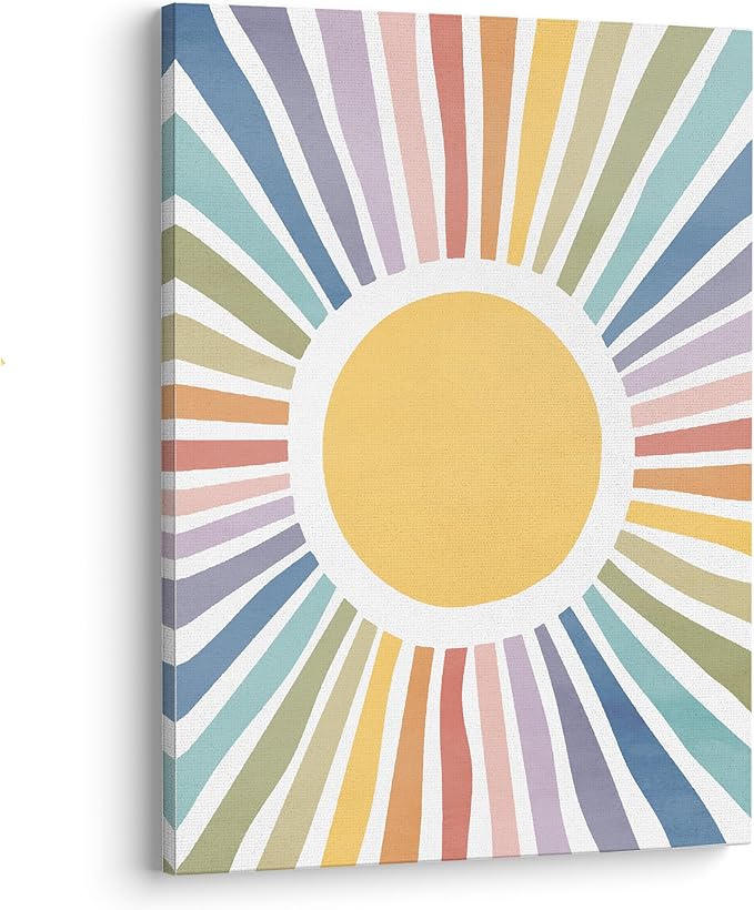 XWELLDAN Cute Cartoon Sun Cheerful Nursery Wall Art Canvas Prints,Watercolor Boho Neutral Sun Sunshine Wall Art Decor for Kids Baby Bedroom Nursery Playroom, 11 x 14 Inch, Framed