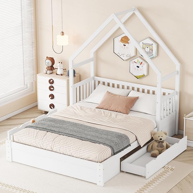 Bellemave Queen Size Wood House Platform Bed with 2 Drawer for Toddlers and Baby, Modern Montessori Platform Bed Frame, No Box Spring Required, Low Floor Bed for Kids' Room or Baby Room (White)