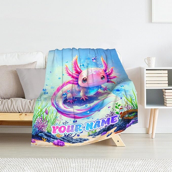 Custom Kids Blankets for Girls - 30 x 40 Inches Lap Size Axolotl Blanket for Girls - Blue Kids Throw Blankets for Crib, Office