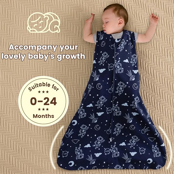 PHF Soft Baby Sleep Sack 12-18 Months 100% Organic Cotton Wearable Blanket, 2-Way Zipper 0.5 TOG Toddler Sleeping Sack 3 Pack, Comfy Sleep Bag for Baby Boys Girls, Navy Space (Large)