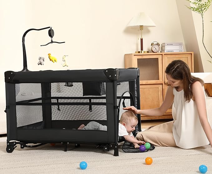 Pack and Play, 5 in 1 Baby Playard – Portable Crib, Bassinet, Bedside Sleeper, Changing Table & Playpen | Breathable Mesh | Safe & Foldable for Newborns to Toddlers (Black)