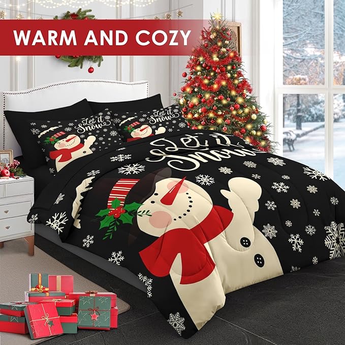 5 Pcs Twin Size Christmas Comforter Set with Pillowcase & Sham, Black Cartoon Snowman Bedding for Kids and Adults, Retro Snow Scene Bed in a Bag with Flat Fitted Sheet