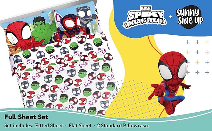 Sunny Side Up Spidey & His Amazing Friends Full Sheet Set - 4 Piece Kids Bedding Set Includes Pillow Cover - Super Soft Superhero Microfiber Sheets Features Miles Morales & Ghost Spider