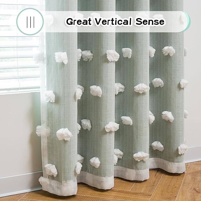 MYSKY HOME Aqua Living Room Curtains Kids Curtains for Boys Bedroom 84 Inches Long Double Layer Curtains for Kids Room Darkening Grommet White Pom Pom Sheer Blackout Curtains 52 x 84 Inch 2 Panels