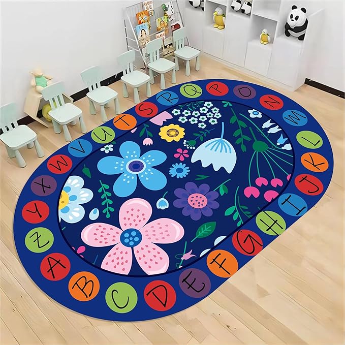 Kids Educational Oval Rug, 5x8ft, ABC Alphabet Learning Play Mat, Cute Colorful Flowers Plants Designs Rugs, Non-Slip Washable Carpet for Bedside Boys Girls Teens Room Nursery Decor Floor Mat