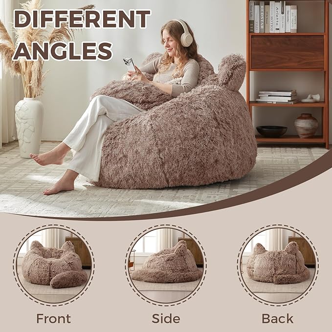 Bean Bag Chair for Adults Teen,Giant Bean Bag Chairs Cat Design,Plush Faux Fur Beanbag Couch Comfy Accent Floor Sofa for Reading, Playing, Relaxing in Living Room, Bedroom