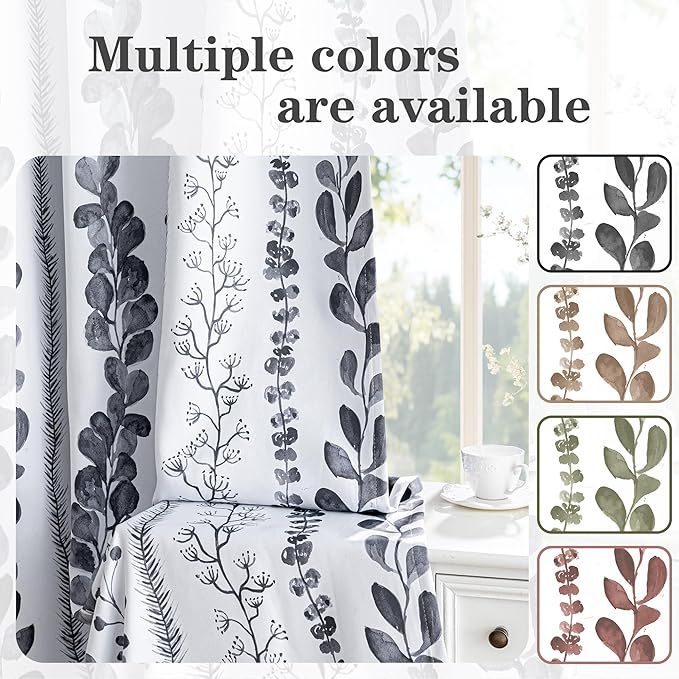 MEETSKY Boho Blackout Leaves Patterned Curtains 72 Inch Long 2 Panels Set for Bedroom, Room Darkening Dark Grey Drapes for Living Room, Thermal Insulated Rod Pocket Back Tab Window Treatment, 50"Wide