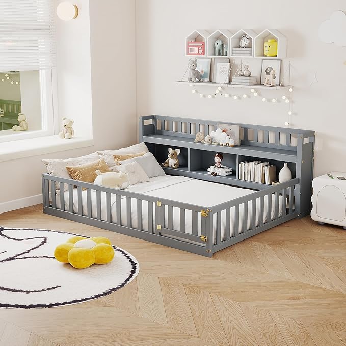 mikibama Twin Size Floor Bed with Side Bookcase and Shelves, Montessori Floor Bed with Guardrails for Bedroom, Wood Full Floor Bed Frame with Storage for Girls, Boys, Grey
