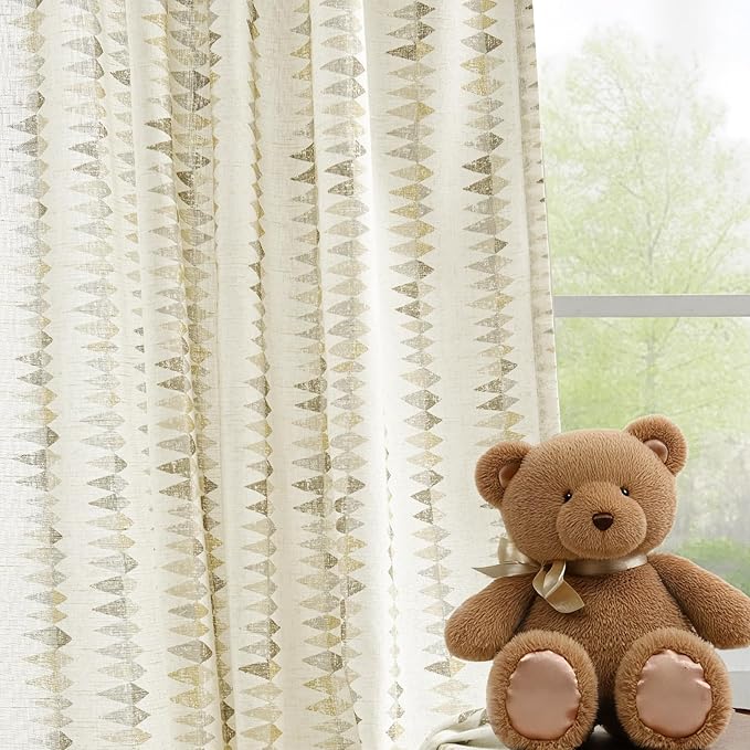 jinchan Linen Nursery Curtains for Living Room Boho Curtains for Bedroom Kids Room 96 Inches Long Geometric Printed Farmhouse Drapes Rod Pocket Window Treatment Curtain Set of 2 Panels Taupe Gray
