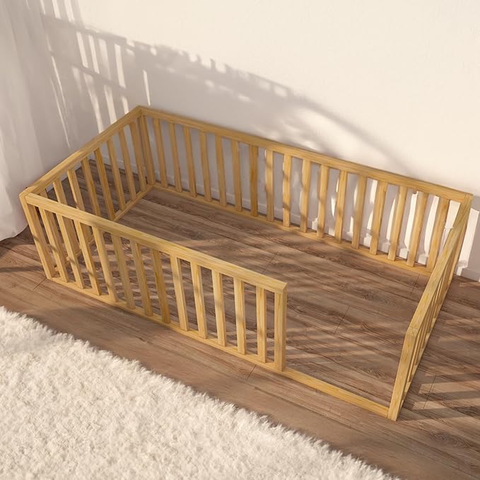 Montessori Floor Bed for Kids 60'' x 80'' Queen | Toodlers Floor Bed with Safety Guardrails | Pine Wood Baby Bed | Sturdy Wood Frame Bed for Girls and Boys (Queen, Height : 19 Inches)