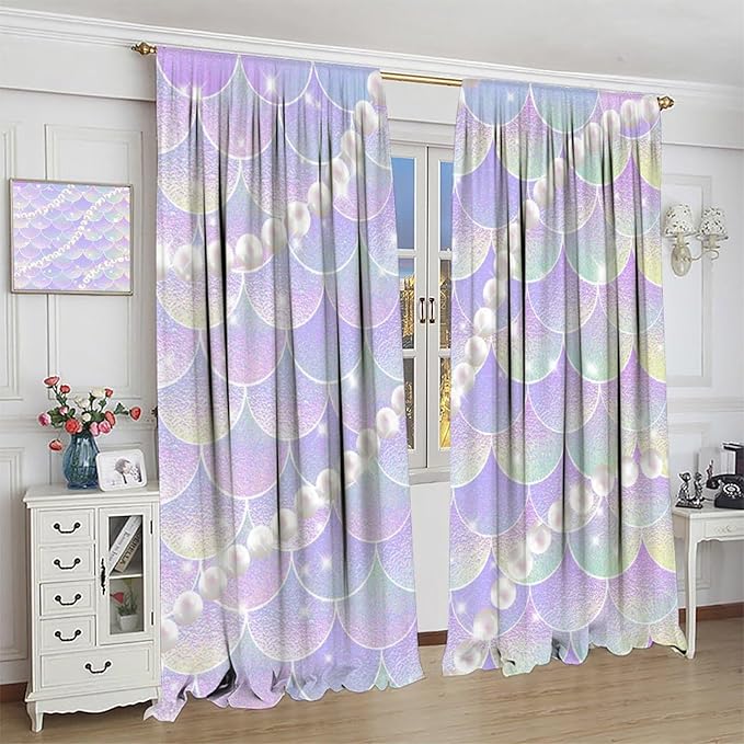 Mermaid Curtains, Gradient Color Pink Purple Pearl Ocean Theme Mermaid Fish Scale Print Decoration Suitable for Children Girls Bedroom Nursery Curtains 84x84 Inch
