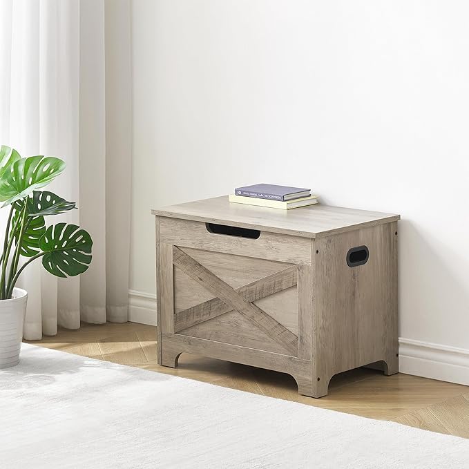 IDEALHOUSE Storage Bench, 23.6" Retro Wooden Storage Chest with 2 Safety Hinges, Loads 300 lb, Easy Assembly, Storage Ottoman Bench for Bedroom Entryway Living Room, Grey