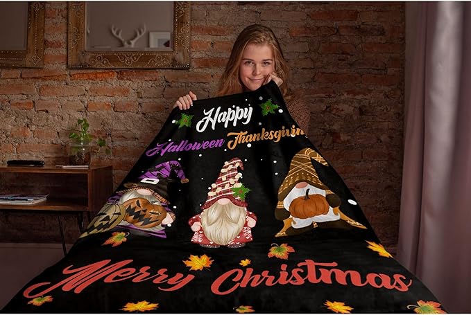 Thuswarm Happy Halloween Thanksgiving Christmas Flannel Throw Blanket Soft Warm Gnomes Print Blankets for Bed Couch Sofa Room Decoration Gifts 80”×60” Large for Adult