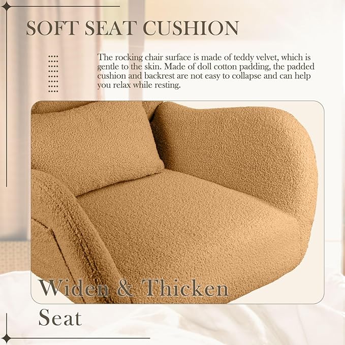 Waleaf Rocking Chair Nursery, Teddy Upholstered Rocking Chair Indoor with High Backrest Glider Accent Chair, Padded Seat Nursing Comfy Chairs for Bedroom (Brown)