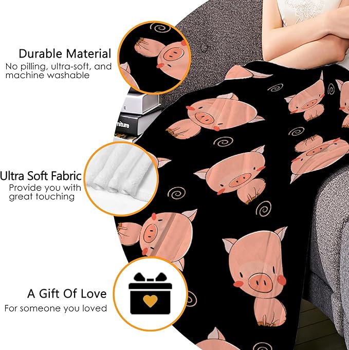 Thuswarm Cute Piggy Kawaii Pig Black Flannel Throw Blanket Warm Cozy Soft Funny Print Blankets for Bed Couch Sofa Room Decoration Gifts 40"×30" XSmall for Pets
