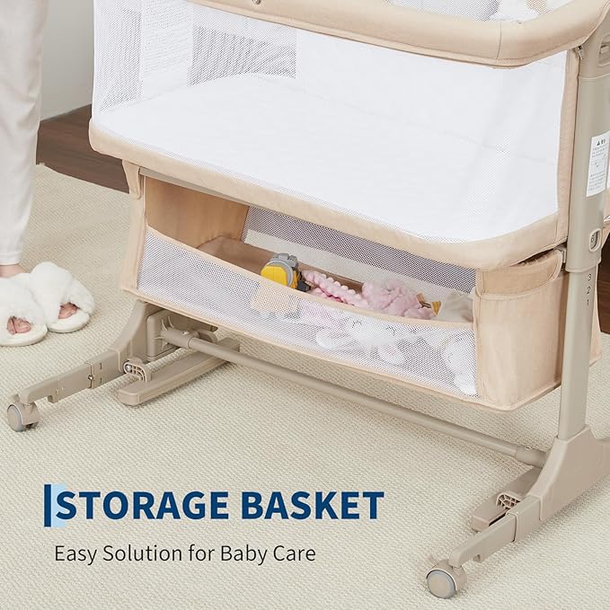 Bedside Bassinet Baby Bassinet, 3 in 1 Bedside Sleeper with Baby Co-Sleeper Travel Crib with Detachable Mosquito Net & Storage Basket | Adjustable Height, Wheels Included