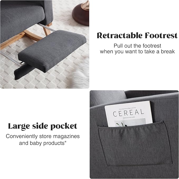 Rocking Chair Nursery, Nursing Rocking Chairs with Foot Rest for Mom Nursery, Rocker Glider Chair with Footrest and High Backrest for Living Room, Bedroom, Dark Gray