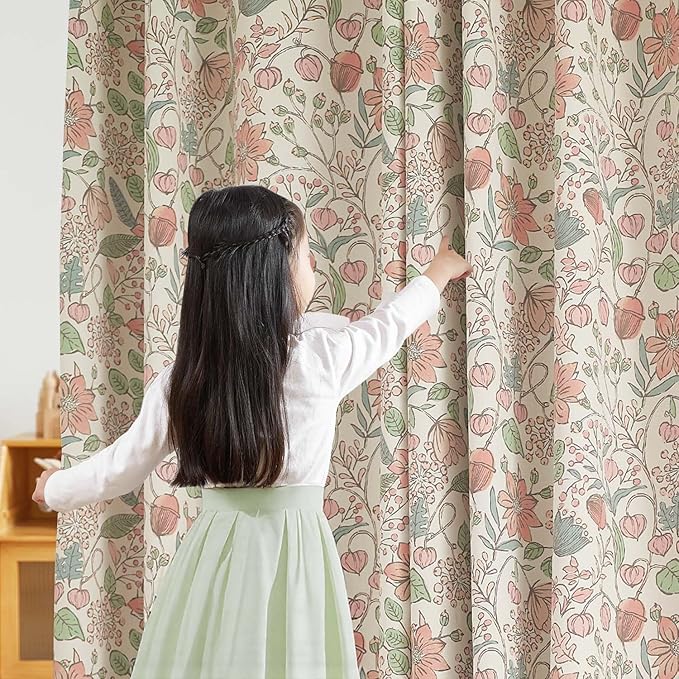 jinchan Nursery Curtains 95% Blackout Pink 63 Inch Long Floral Curtains for Girls Room, Farmhouse Drapes for Living Room Bedroom Darkening Window Treatment Grommet Top Set of 2 Panels