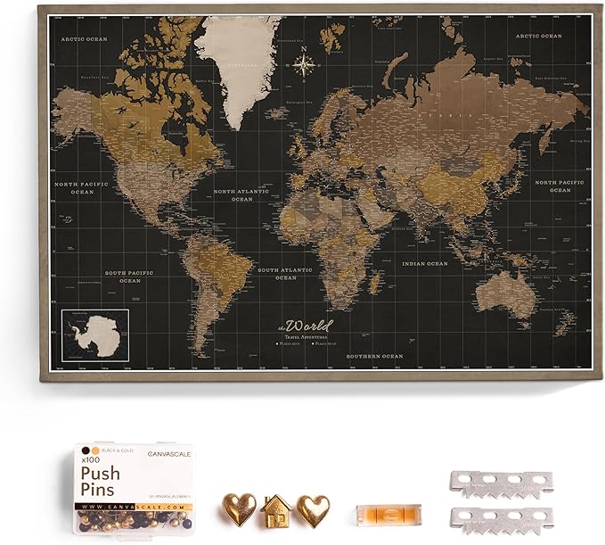 Canvas World Map with Cork Pin Board - English Lettering - Decorative Wall Decoration for All Rooms - Canvas Pictures with World Map Motif (120x80 cm, Pattern 5)